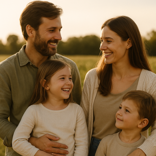 Glückliche Familie, natürlich, familiär und verantwortungsvoll.